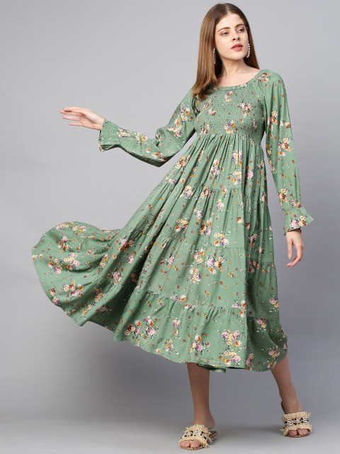 

FASHOR Green & Yellow Floral Smocked Tiered Empire Midi Dress