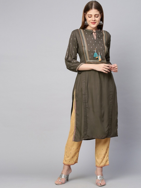 

FASHOR Women Brown & Beige Ethnic Motifs Embroidered Kurta with Trousers