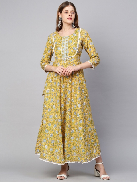 

FASHOR Yellow Floral Ethnic Cotton Maxi Dress