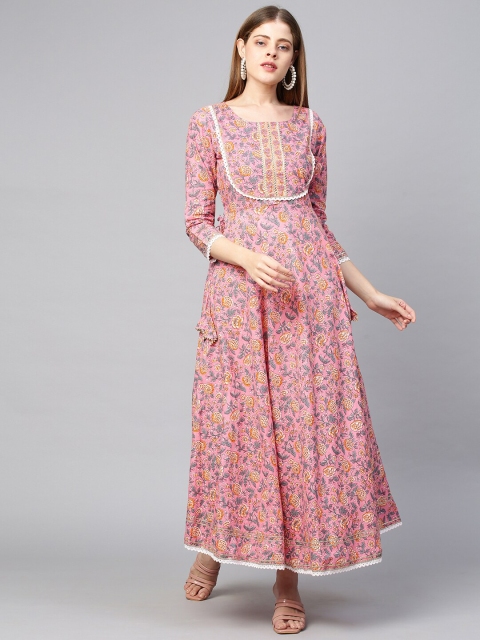 

FASHOR Pink & Yellow Floral Block Printed Ethnic Pure Cotton Maxi Dress