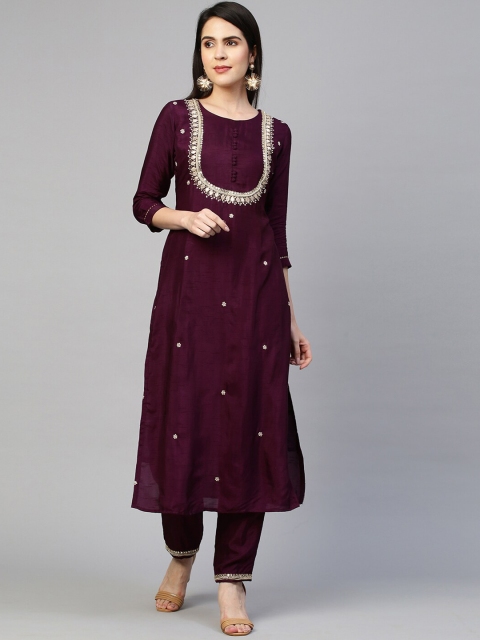 

FASHOR Women Burgundy & Golden Embroidered Silk Blend Kurta with Trousers