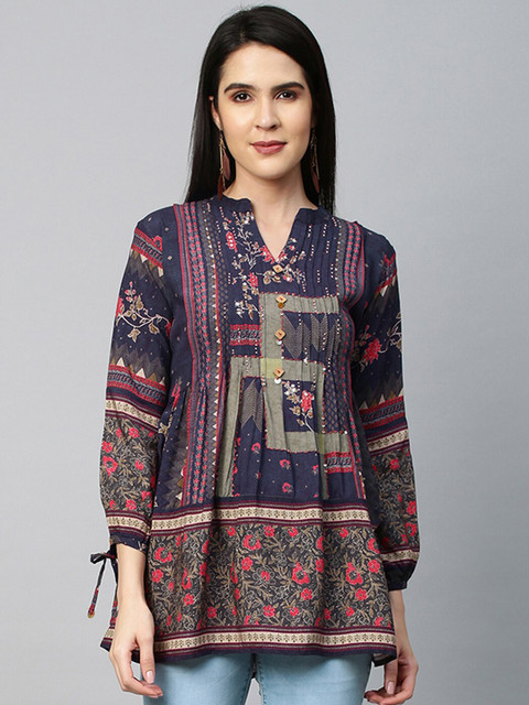 

FASHOR Women Purple & Pink Sequin Embellished Printed Cotton Silk Kurti