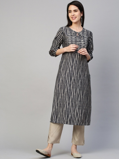 

FASHOR Women Black Striped Sequinned Round Neck Straight Kurta with Trousers