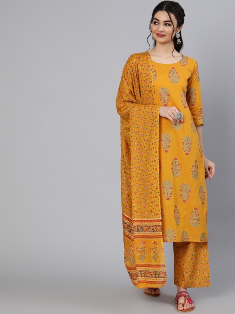 

Nayo Women Mustard Yellow Ethnic Motifs Printed Pure Cotton Kurta with Palazzos & With Dupatta