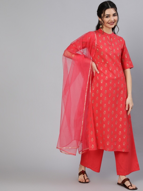 

Nayo Women Red Floral Printed Pure Cotton Kurta with Palazzos & With Dupatta