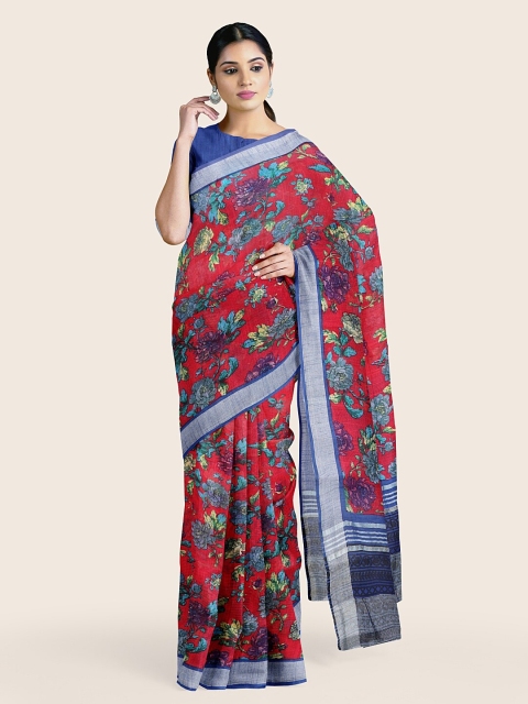 

Pothys Red & Blue Floral Jute Cotton Saree