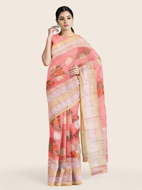 

Pothys Pink & Green Floral Zari Saree