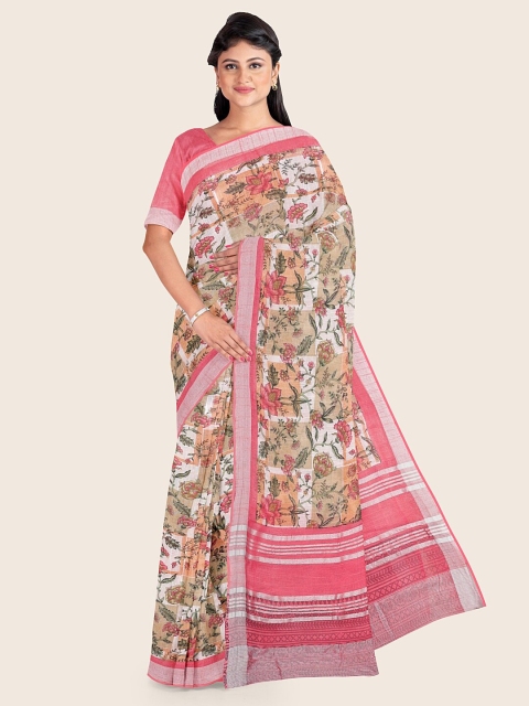 

Pothys Pink & White Floral Jute Cotton Saree