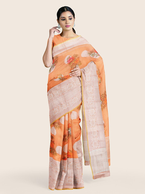 

Pothys Orange & White Floral Zari Saree