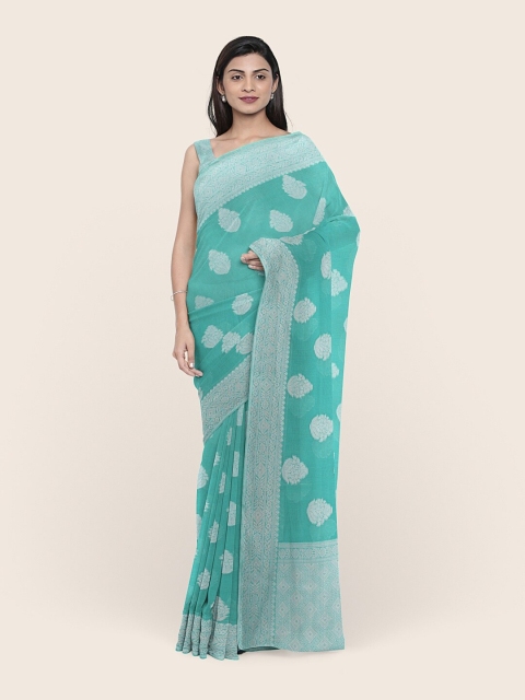 

Pothys Green & Silver-Toned Woven Design Zari Jute Silk Saree