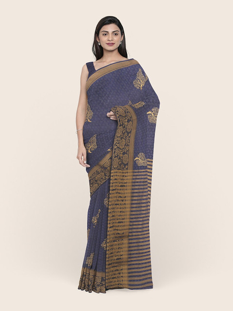 

Pothys Blue & Gold-Toned Ethnic Motifs Jute Silk Saree