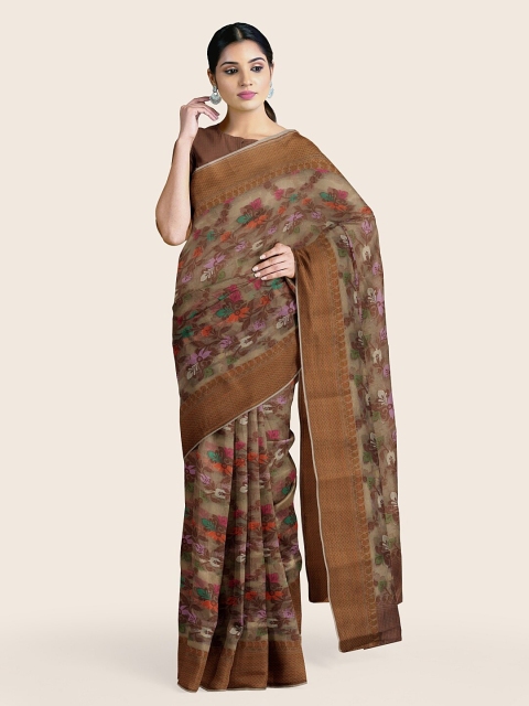 

Pothys Women Brown Floral Woven Design Tissue Saree