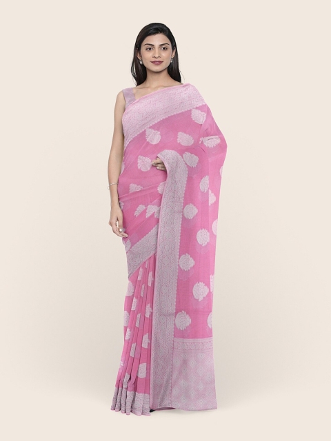 

Pothys Pink & Silver-Toned Ethnic Motifs Zari Jute Silk Saree