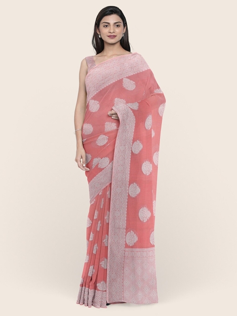 

Pothys Peach-Coloured & Silver-Toned Woven Design Zari Jute Silk Saree