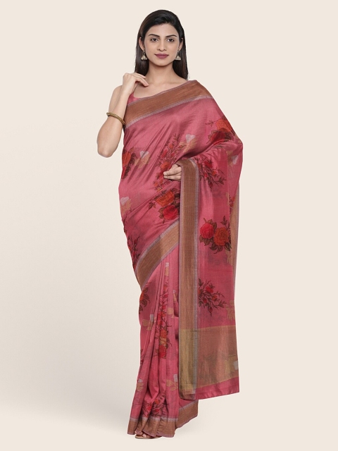 

Pothys Women Pink Floral Printed Zari Border Saree
