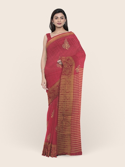 

Pothys Magenta & Gold-Toned Floral Jute Silk Saree