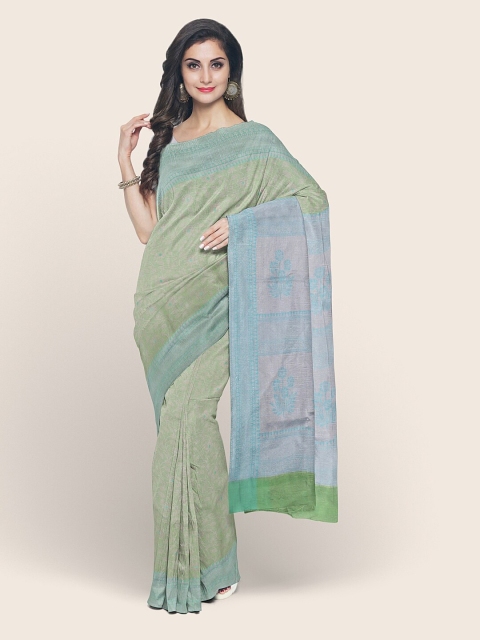 

Pothys Green & Blue Woven Design Zari Art Silk Kora Muslin Saree