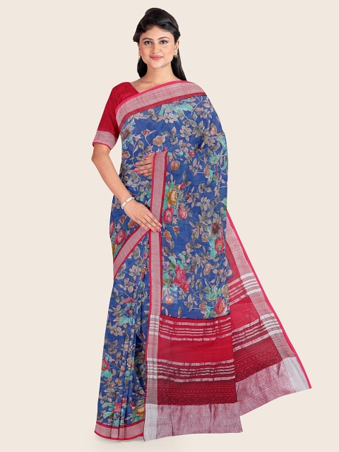 

Pothys Blue & Red Floral Zari Jute Cotton Saree