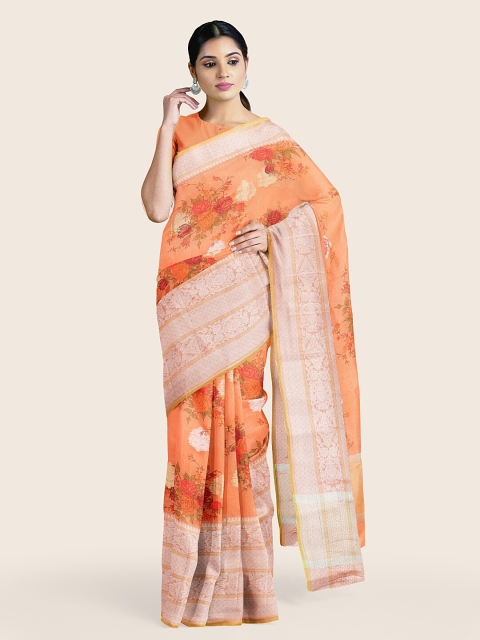 

Pothys Orange & Silver-Toned Woven Design Zari Saree