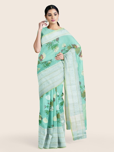 

Pothys Turquoise Blue & Off White Floral Cotton Blend Saree