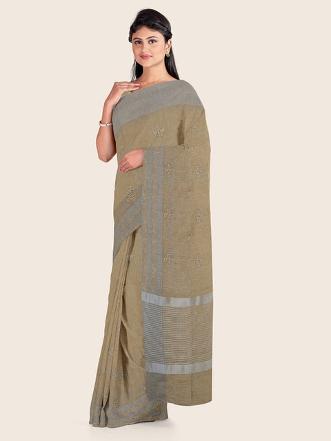 

Pothys Beige & Grey Floral Zari Jute Cotton Saree