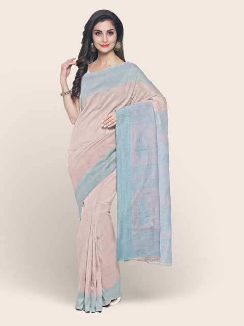 

Pothys Peach-Coloured & Blue Woven Design Zari Art Silk Kora Muslin Saree