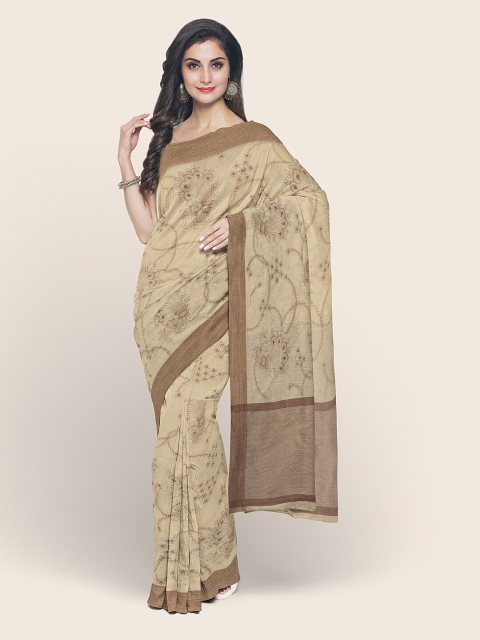 

Pothys Beige & Copper-Toned Floral Zari Tissue Saree