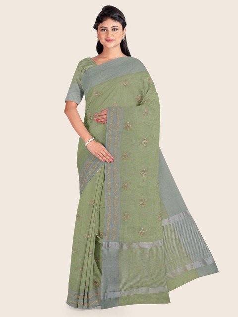 

Pothys Green & Gold-Toned Floral Zari Jute Cotton Saree