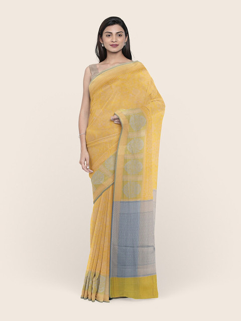 

Pothys Women Yellow Ethnic Motifs Woven Design Kora Muslin Saree