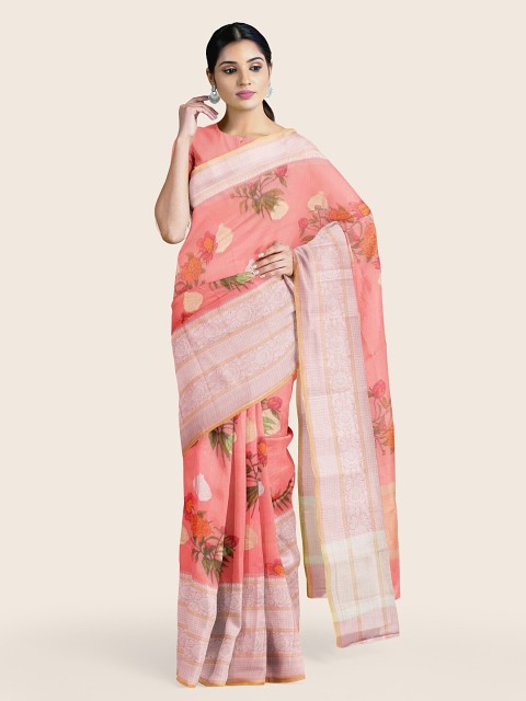 

Pothys Women Peach Floral Print Zari Border Saree