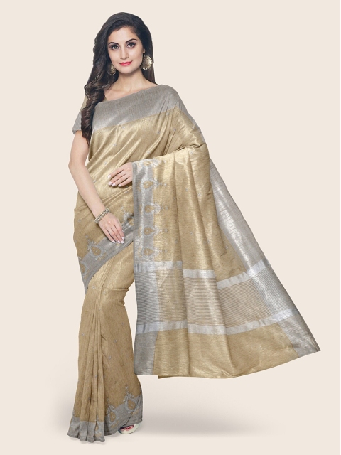 

Pothys Olive Green & Silver-Toned Ethnic Motifs Zari Jute Cotton Saree