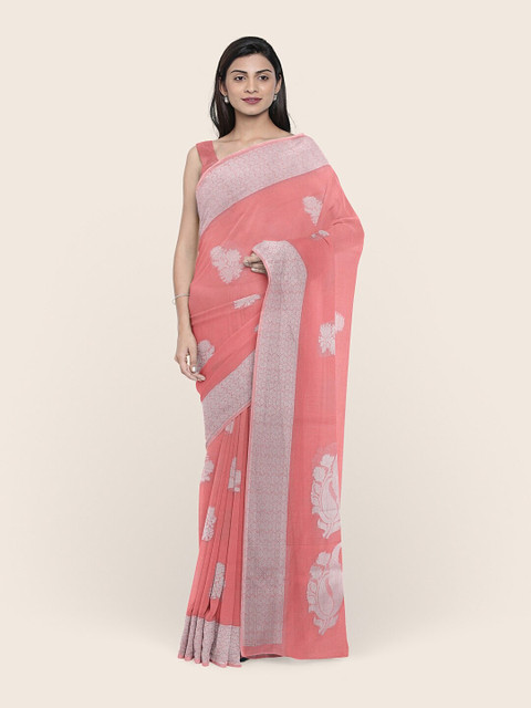 

Pothys Peach-Coloured & Silver-Toned Woven Design Zari Saree