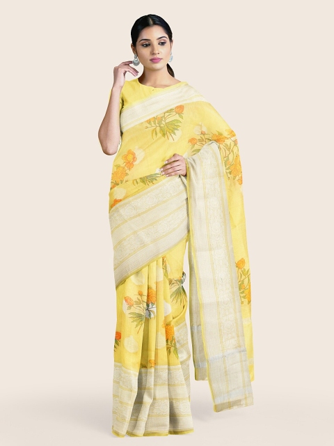 

Pothys Yellow & Green Floral Cotton Blend Saree