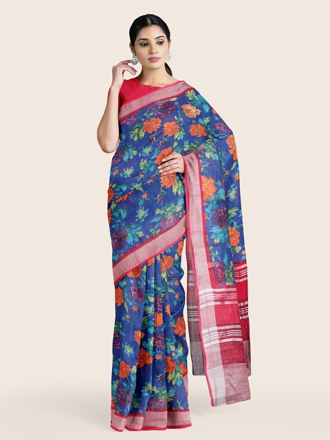 

Pothys Blue & Red Floral Zari Jute Cotton Saree
