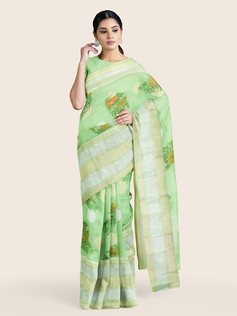 

Pothys Green & Orange Floral Cotton Blend Saree