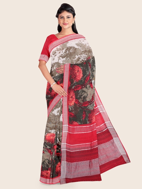 

Pothys Red & Taupe Floral Zari Jute Cotton Saree