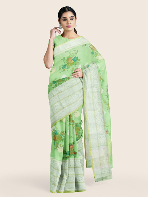 

Pothys Green & Silver-Coloured Cotton Blend Floral Saree