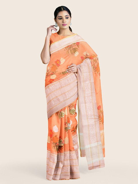 

Pothys Orange & Green Floral Cotton Blend Saree