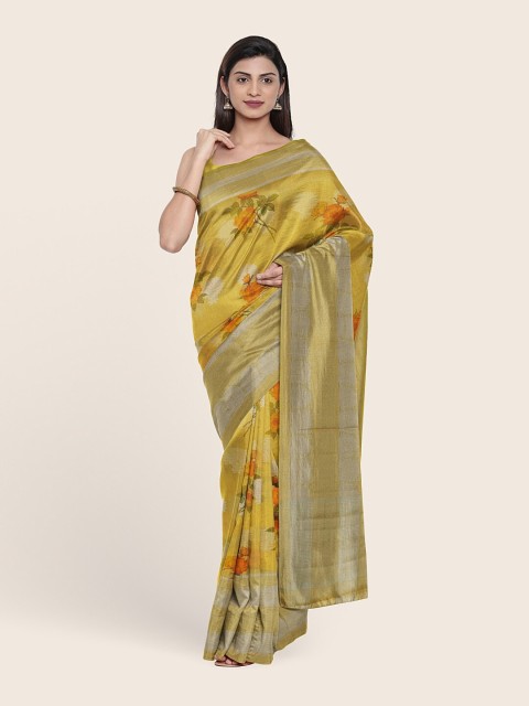 

Pothys Women Yellow Floral Print Zari Border Saree