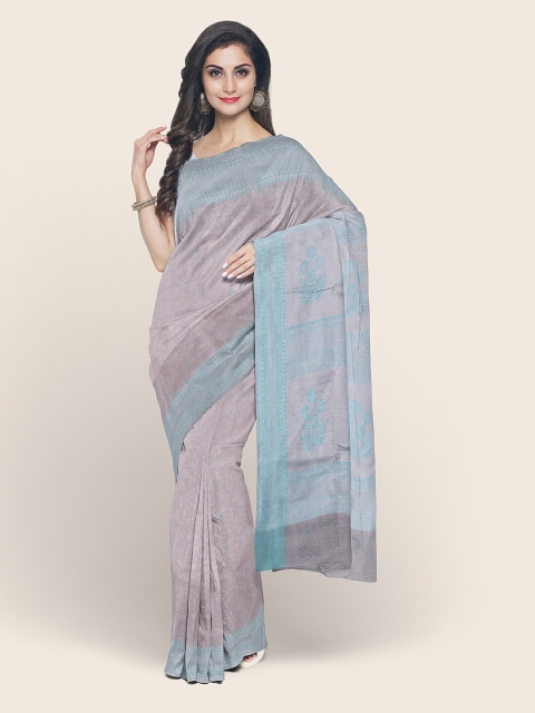 

Pothys Mauve & Blue Ethnic Motifs Zari Art Silk Kora Muslin Saree