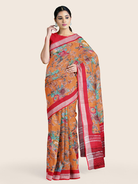 

Pothys Orange & Red Floral Zari Jute Cotton Saree