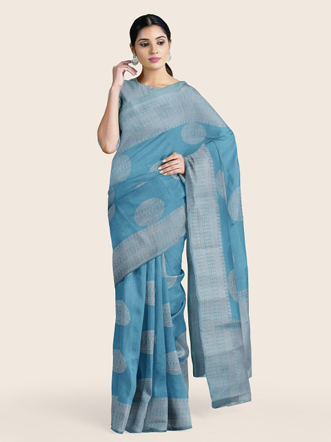

Pothys Blue & Silver-Toned Woven Design Zari Saree