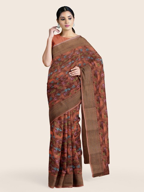 

Pothys Orange & Brown Floral Tissue Saree