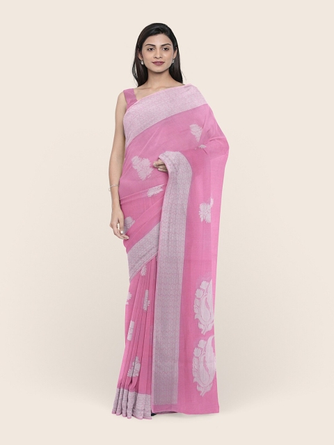 

Pothys Pink & Silver-Toned Woven Design Zari Saree