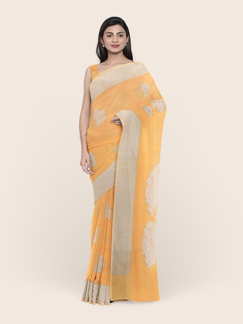 

Pothys Yellow & Silver-Toned Woven Design Zari Saree