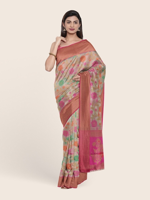 

Pothys Cream-Coloured & Pink Floral Zari Tissue Saree