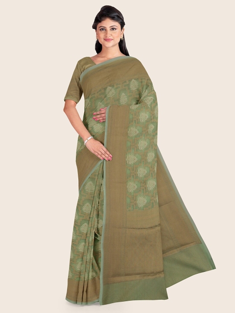 

Pothys Olive Green & Brown Ethnic Motifs Zari Tissue Saree