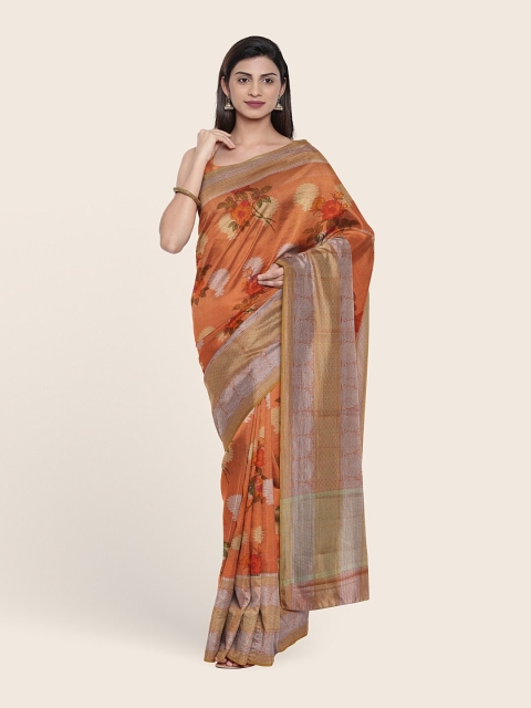 

Pothys Orange & Silver-Coloured Floral Cotton Blend Saree