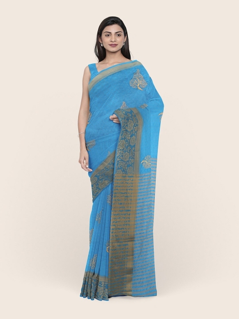 

Pothys Blue & Gold-Toned Ethnic Motifs Jute Silk Saree