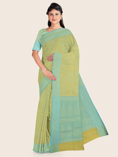 

Pothys Yellow & Silver-Toned Woven Design Zari Art Silk Kora Muslin Saree